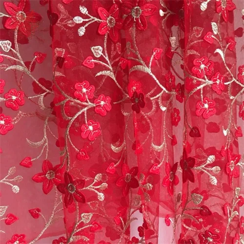 Red embossed floral embroidery mesh lace fabric apparel for wedding
