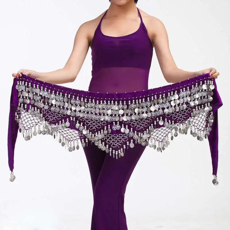 Египетские пояса для танца живота 11 цветов Пояс для танца живота для женщин бархатный костюм для танца живота аксессуары хип шарф танец живота - Цвет: Purple Silver Coins