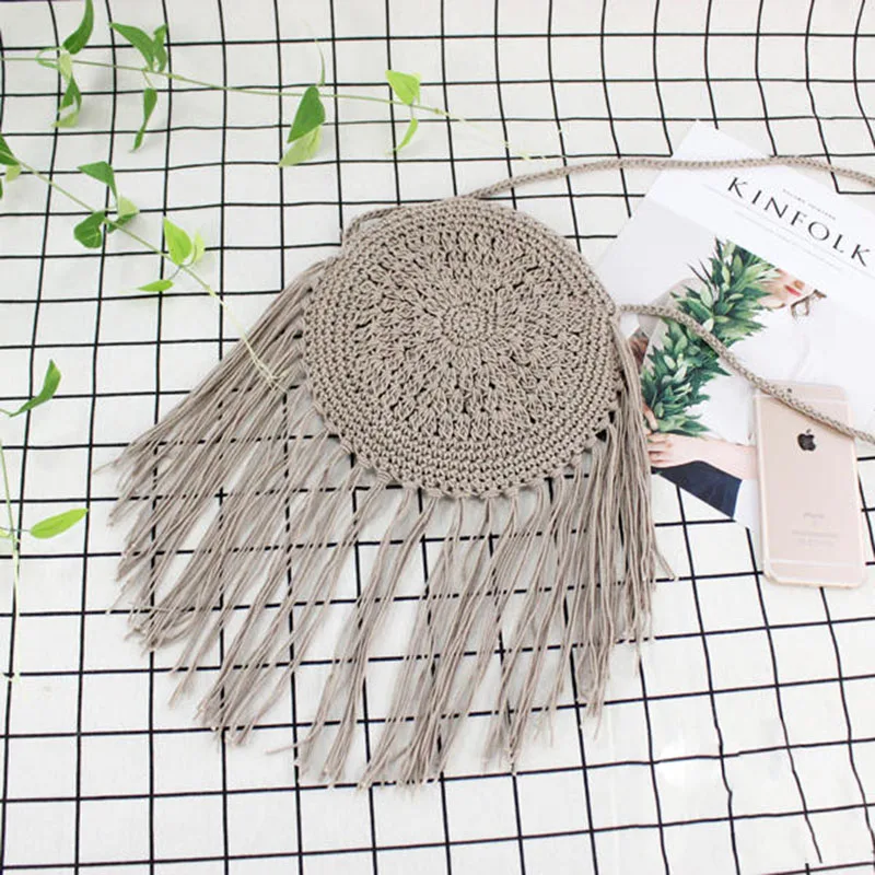 Women Circle Straw Bags Summer Beach Tassel Female INS Popular Shoulder Bag Lady Casual Handmade Weave Round Crossbody SS3108 (10)