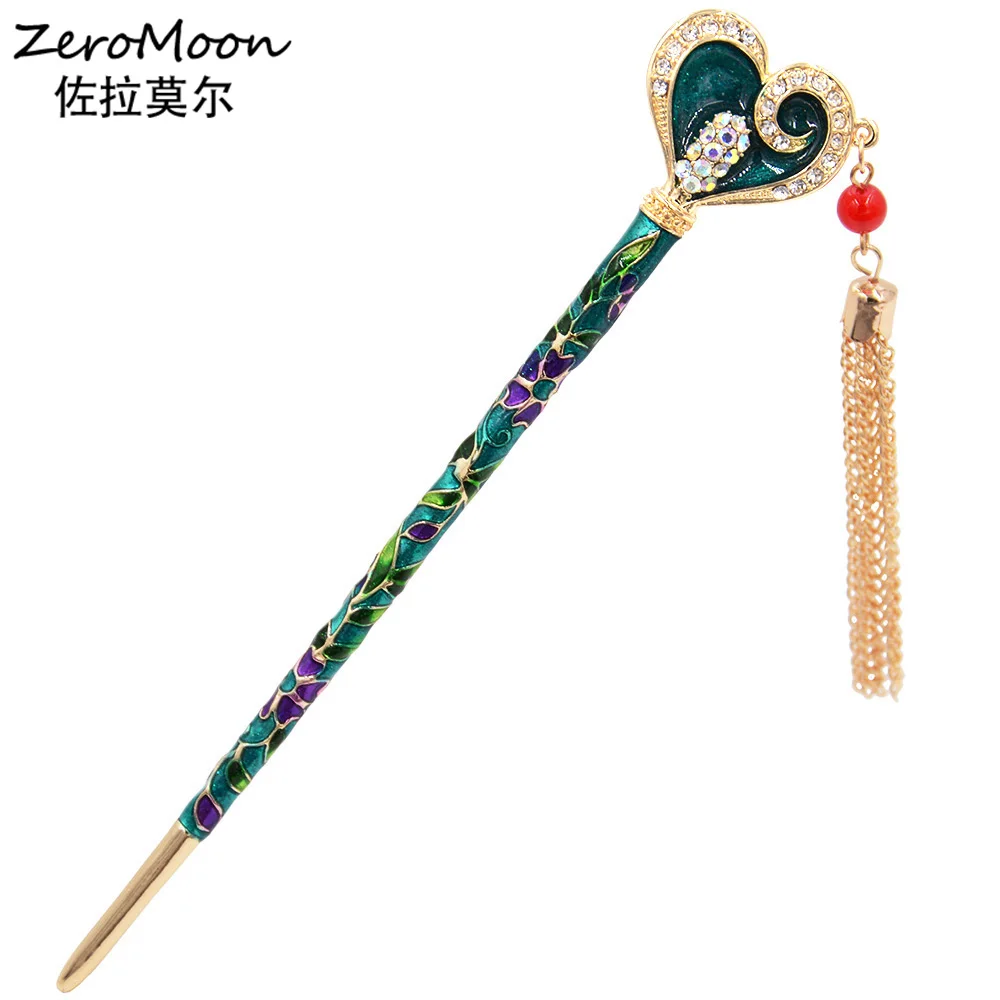 

Romantic Enamel Tulip Flower Leaves Hair Pin Women Crystal Rhinestone Love Heart Headwear Chain Tassel Hair Jewelry Accessory