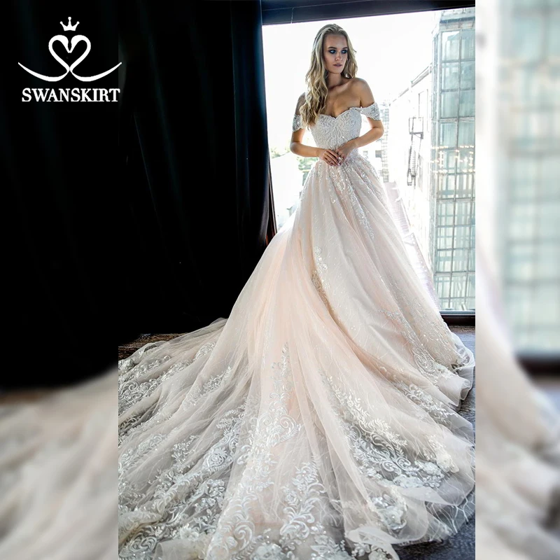 Модное свадебное платье, расшитое бисером, Vestido de novia,, Swanskirt, с открытыми плечами, с аппликацией, бальное платье, свадебное платье с часовней и шлейфом, HZ03