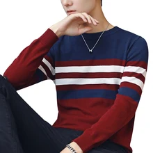 Round Collar Stripe Sweater Fashion Men Slim Fit Knitting Pullover Sweater