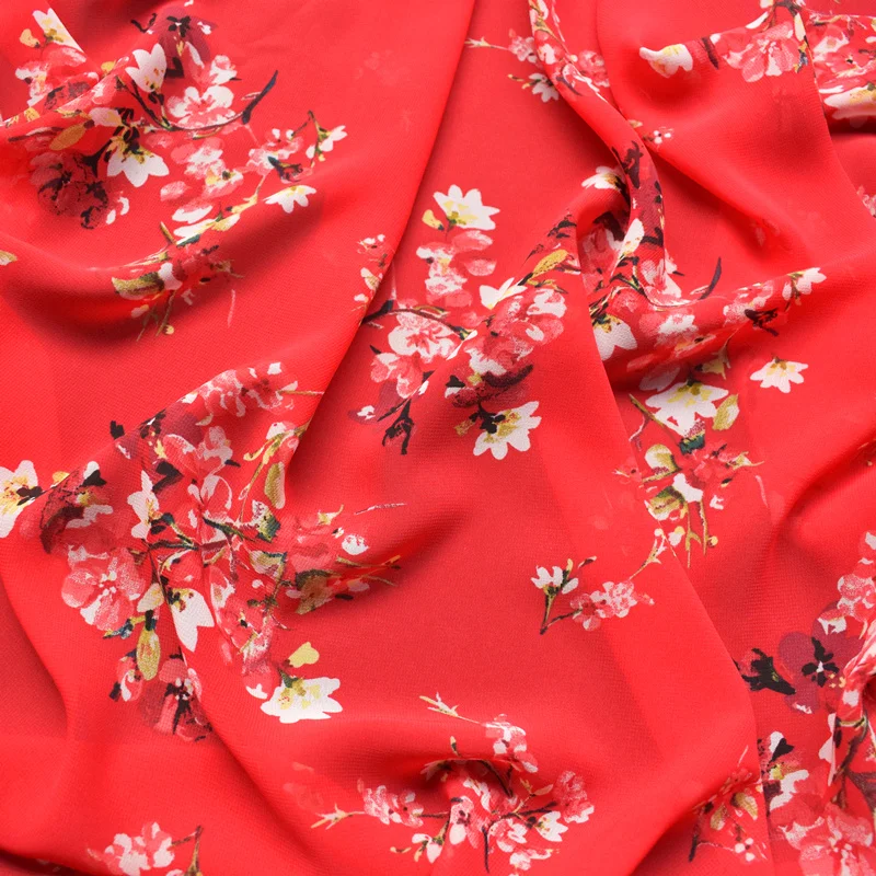 

145x100cm Imported Brand Fashion Red Floral Print Soft Chiffon Fabric for Wedding Dress Shirts Sewing Polyester Cloth Upholstery