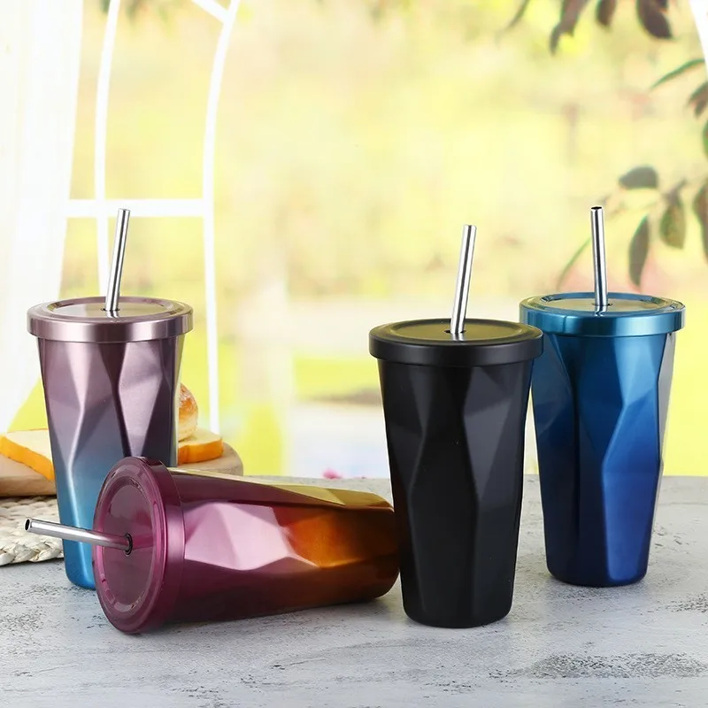 

500ml Stainless Steel Hot And Cold Double Wall Drinking Cups Irregular Diamond Tumbler Straw Coffee Mugs With Lid