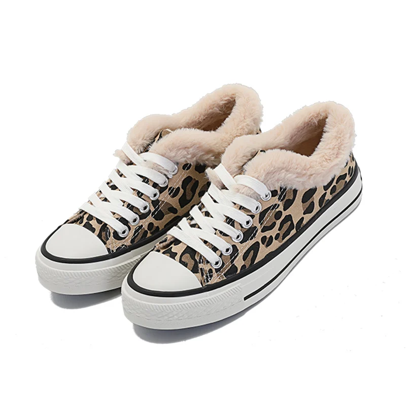 Leopard Print Canvas Women Shoes Winter Fashion Female Boots Plus Flock Keep Warm Lace up Ladies