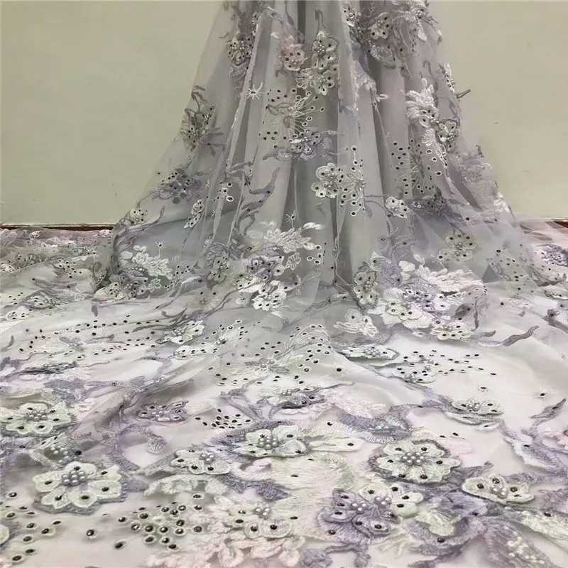 

purple african french lace fabric high quality 2018 beaded&stones fabric 3d african flower embroidered tulle lace luxury 5yard