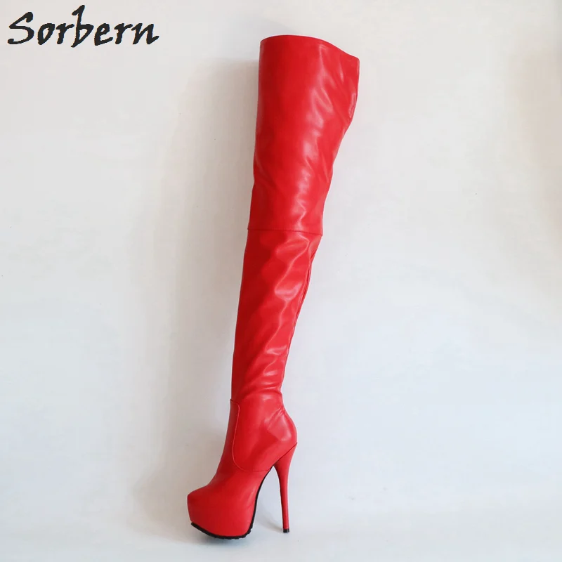 red platform knee high boots