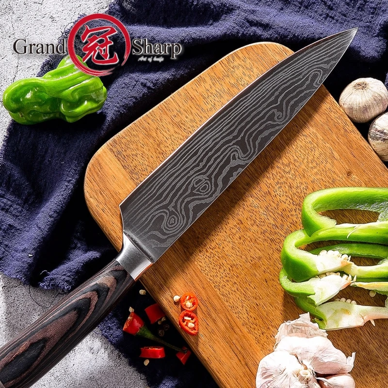 Buy Chef Knife 8 inch Professional Kitchen Knives Laser Sanding Japanese Damascus Pattern High Carbon Stainless Steel Gift Knife