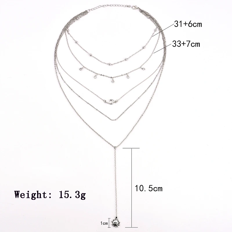 Женское модное богемное Ретро многослойное бисерное ожерелье с крючком для защиты от солнца, Пляжное очаровательное серебряное ожерелье с подвеской из кристаллов