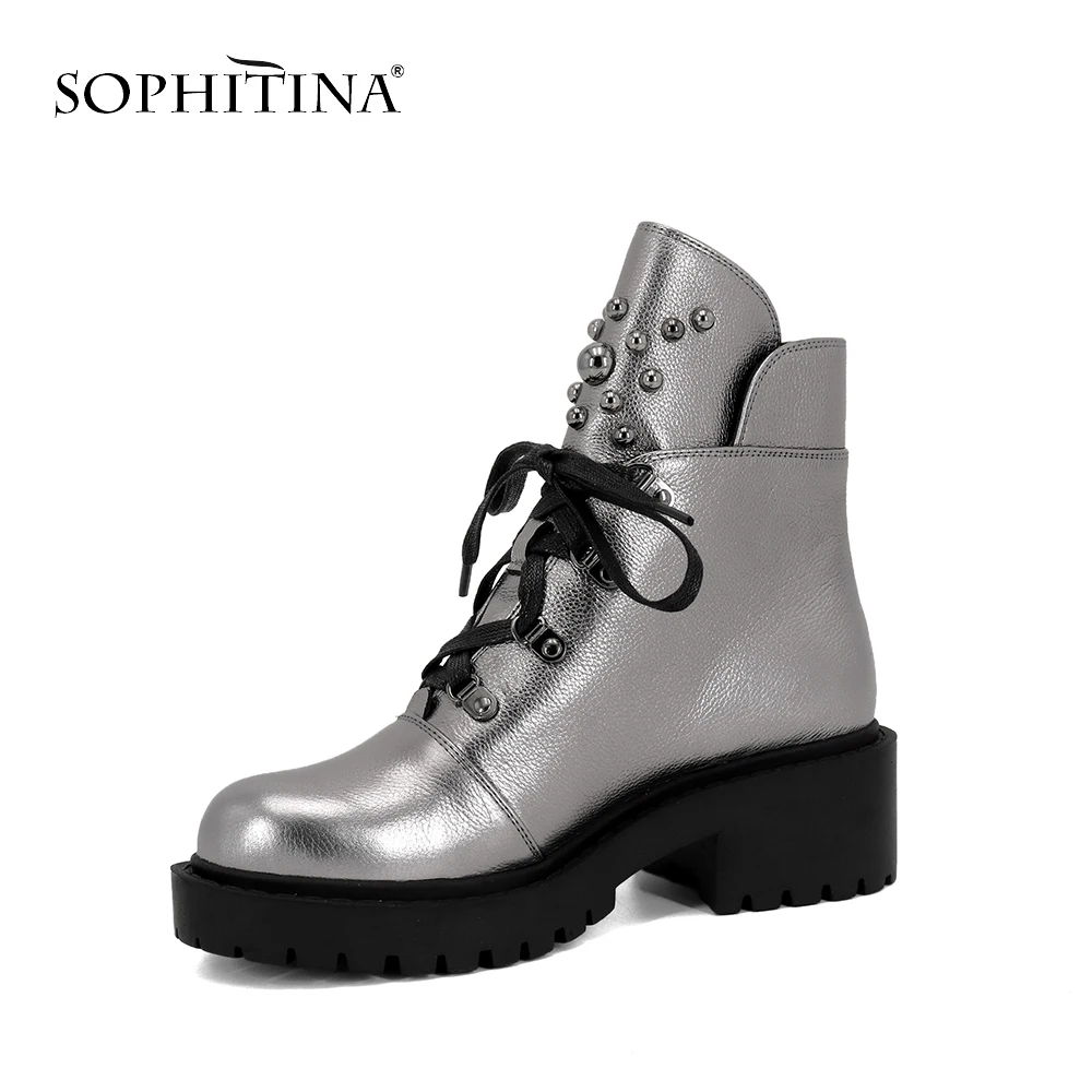 SOPHITINA/ г., весенние ботильоны из натуральной кожи женская обувь на квадратном каблуке, на шнуровке женские мотоциклетные ботинки на молнии с круглым носком, M42