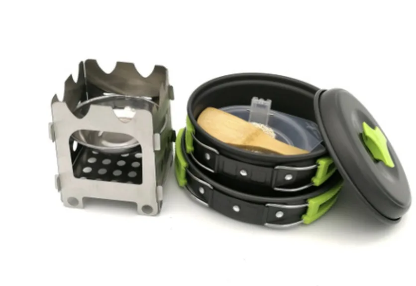 Cookware Set Кухонный набор для готовки из нержавеющей стали Складная печь на дровах спиртовая карманная плита Кемпинг кухонная посуда туристический набор посуды для небольшой альпинизма - Цвет: Cookware Set