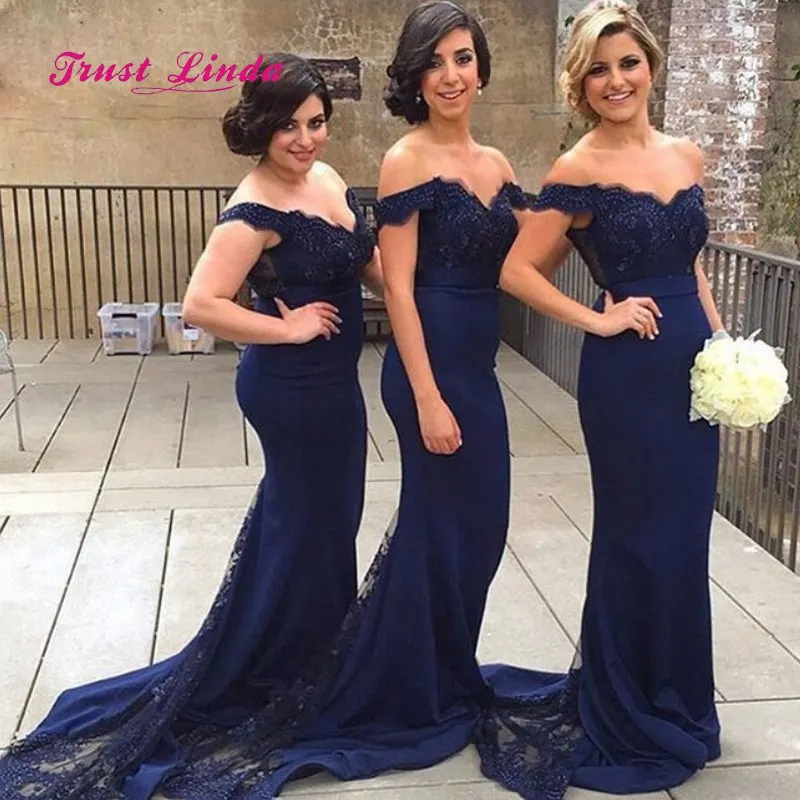 navy off shoulder bridesmaid dress