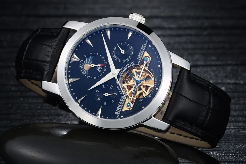 BINKADA мужские классические механические часы со скелетом водонепроницаемые 30 м из натуральной кожи роскошные брендовые полые автоматические часы saat