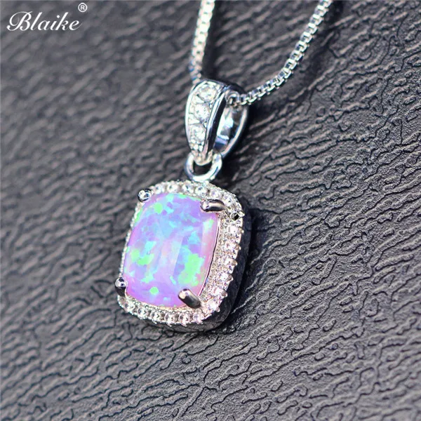 Blaike фиолетовый/белый/синий/зеленый огненный опал камень кулон ожерелье s для женщин 925 пробы серебро заполненный камень рождения талисманы ожерелье - Окраска металла: Purple Opal Pendant