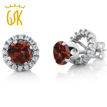 GemStoneKing 2.00 Ct Ronda 6mm Natural Rojo Granate Joyería Fina de Ley 925 Aretes de Plata de la Chaqueta Desmontable Para Las Mujeres