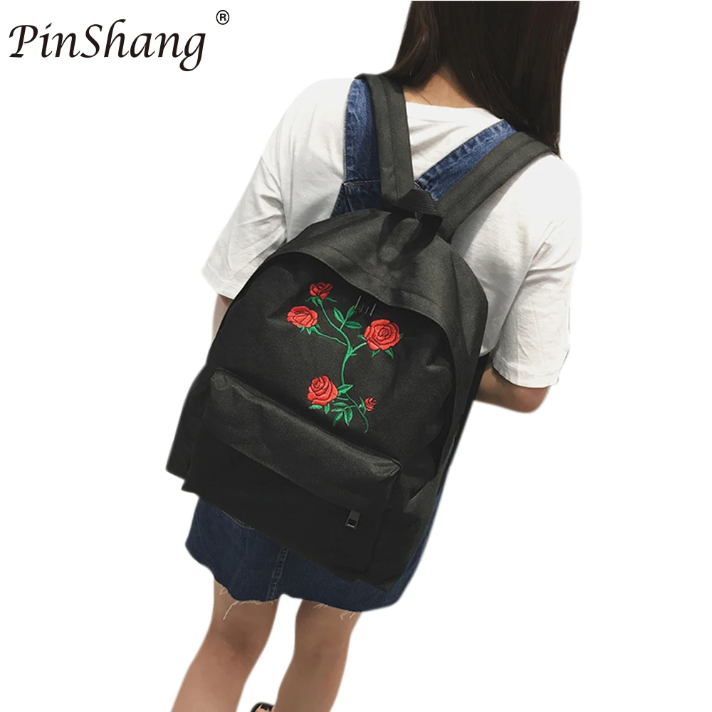 PinShang Rose Embroidery Backpack Fashion Women Travel Rucksack