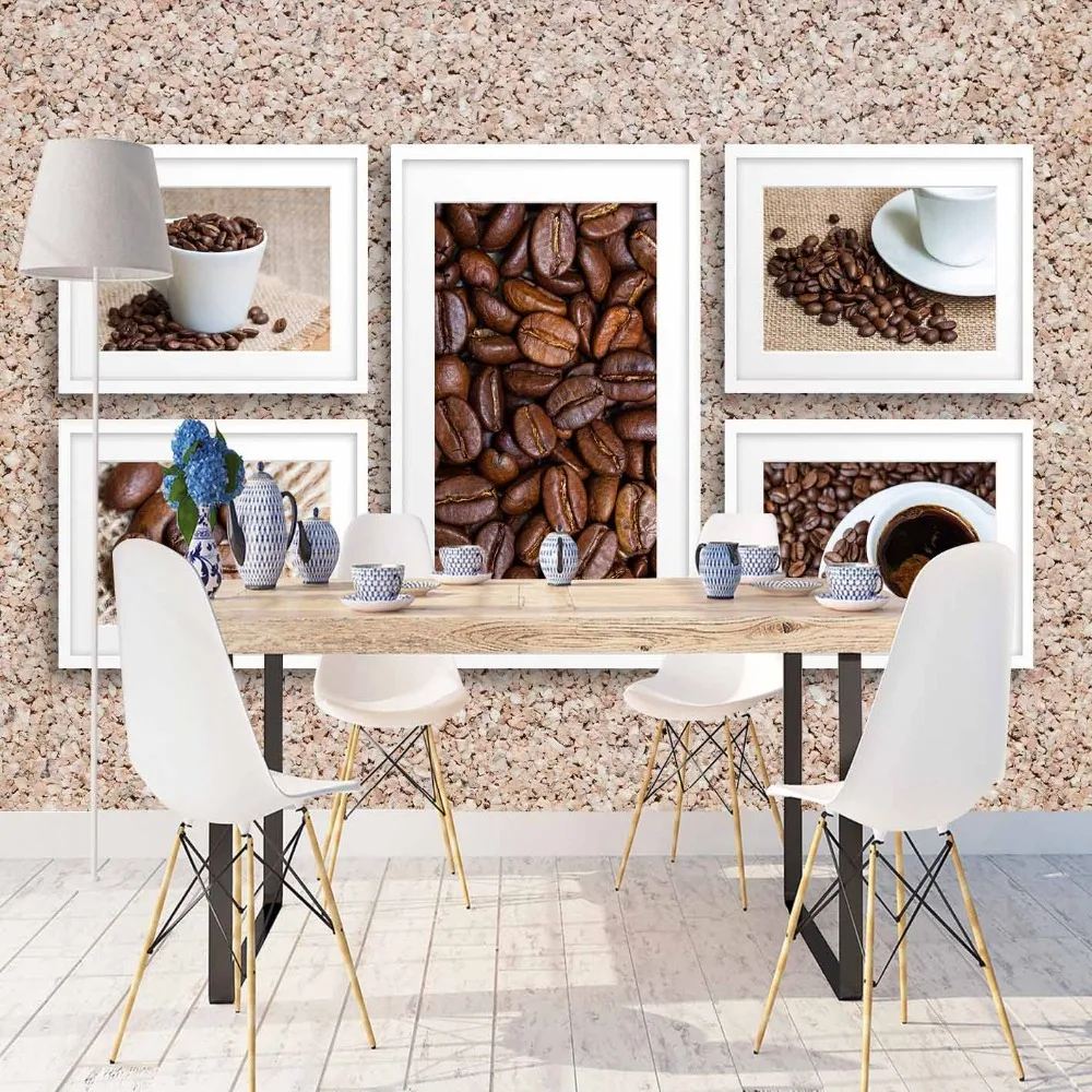 

Else Pebble Stones on Coffee Beans Cafe Cup Frames 3d Print Photo Cleanable Fabric Mural Home Decor Kitchen Background Wallpaper