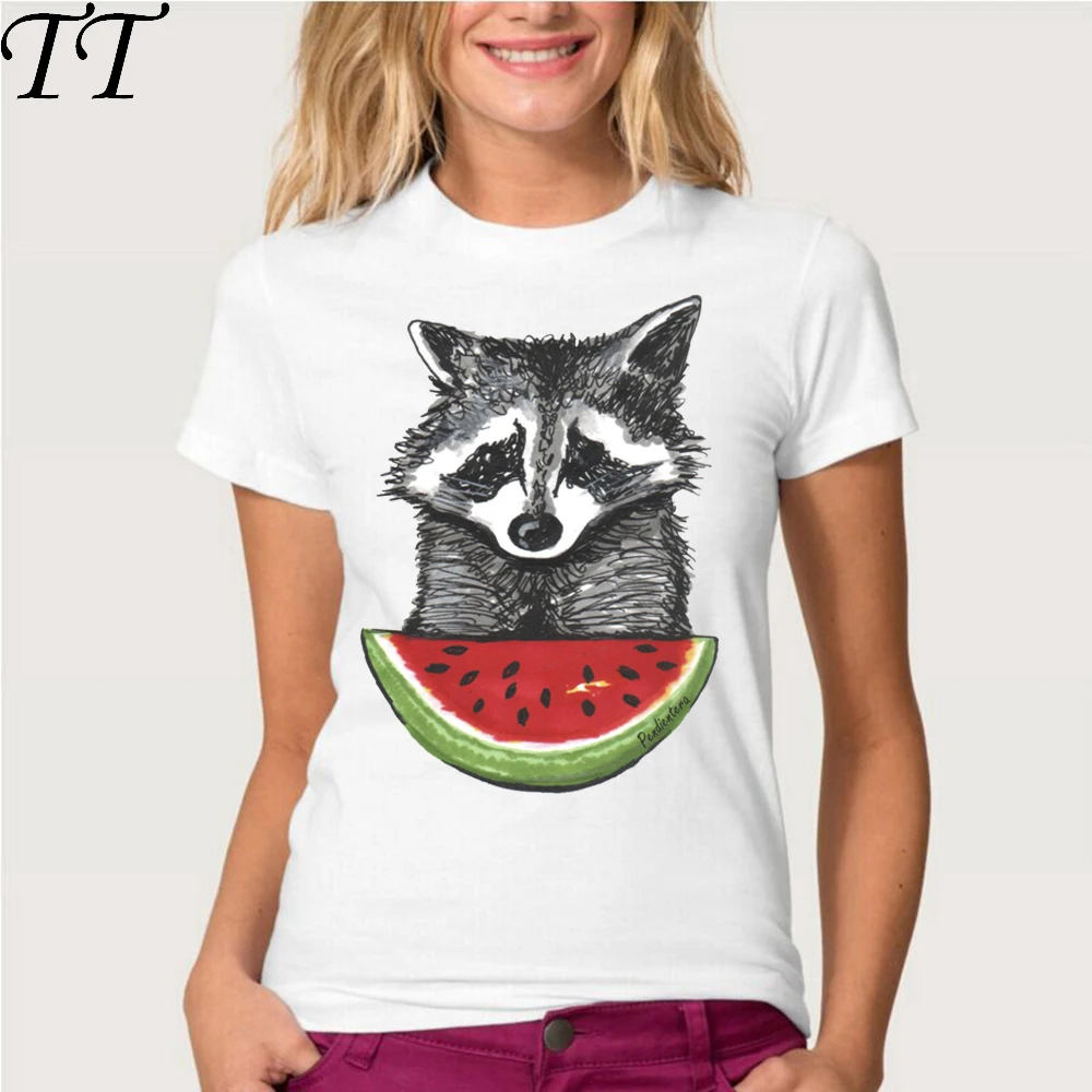 

2017 new summer fashion women's short sleeeve Racoon and watermelon print T-shirt cute cartoon design top shirt hipster girl Tee