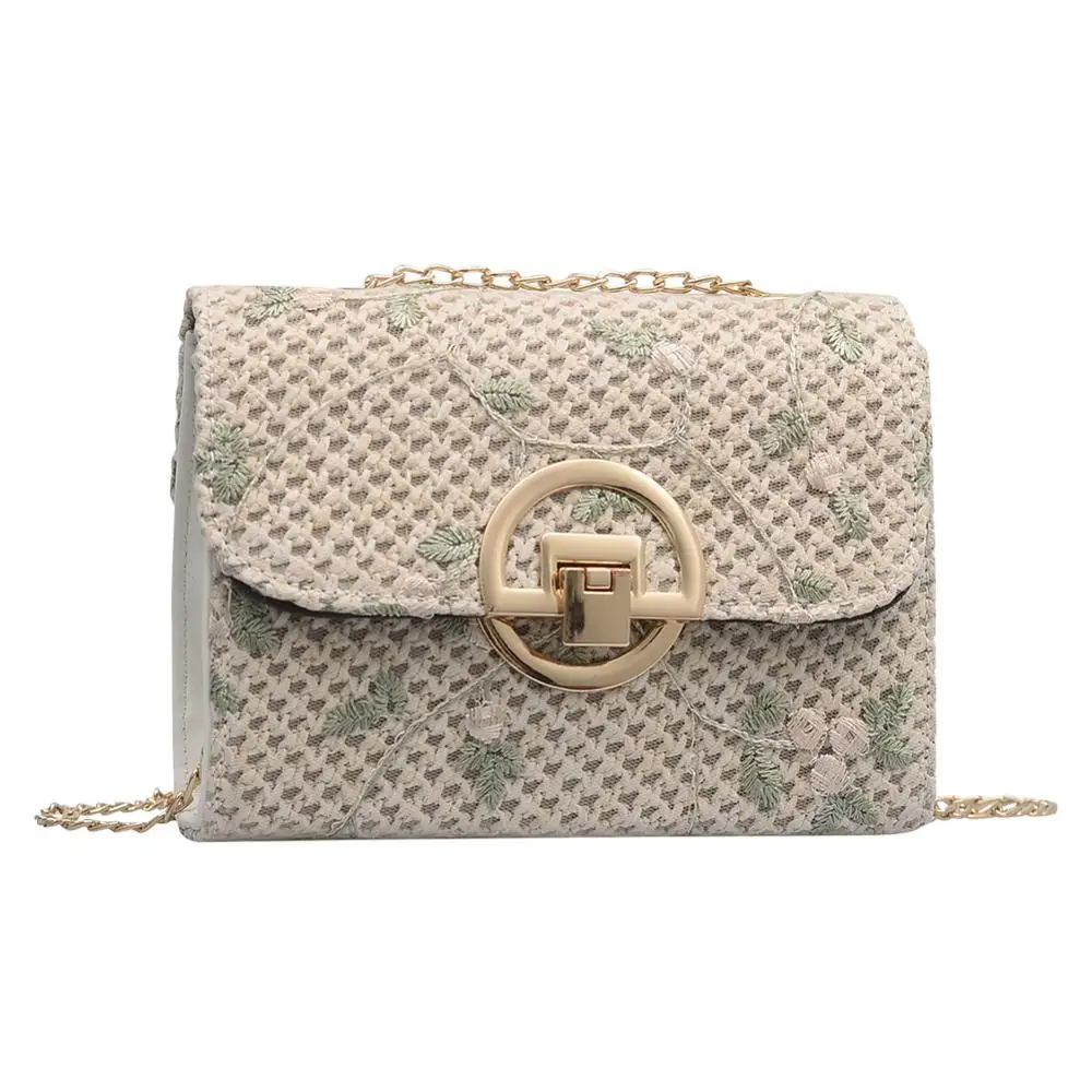 

Girls Embroidery Flower Decor Fashion Summer Shoulder Messenger Handbags Straw Women Small Flap Casual Chain Crossbody Bags