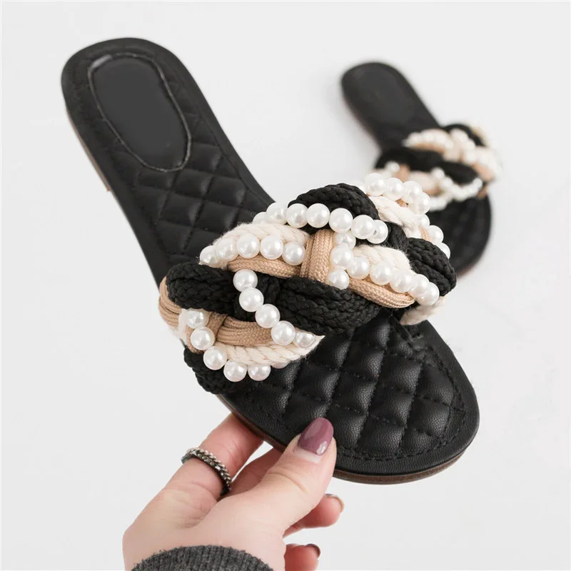 

EARTH STAR Summer Rome Style Shoes Women Mule Brand Beach Slipper Pearl Flats Lady Mules footware Girl chaussure Playa Slides