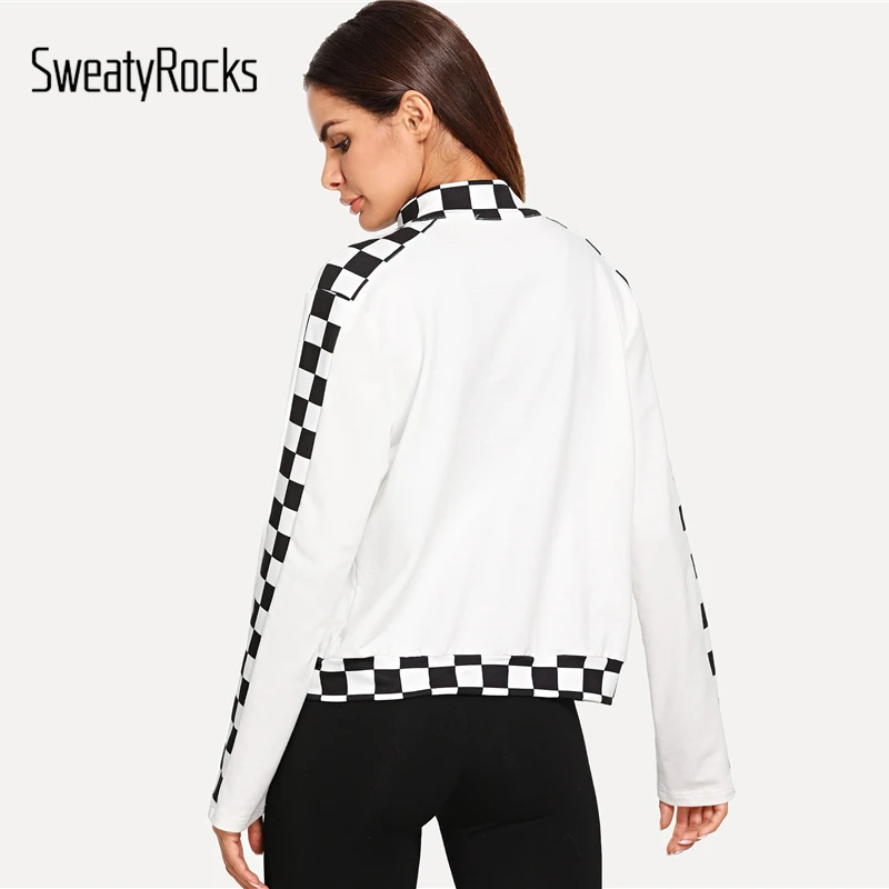 SweatyRocks Autumn Jacket Women White Checkered Panel Zip Up Outwear Clothes Womens Jackets And Coats 2018 Fashion Ladies Coat SweatyRocks Autumn Jacket Women White Checkered Panel Zip Up Outwear Clothes Womens Jackets And Coats 2018 Fashion Ladies Coat