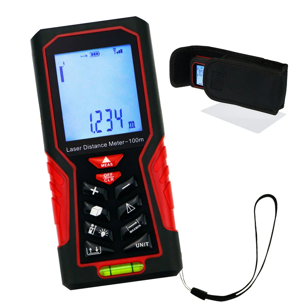 Laser Distance Meter 100m(328ft) Handheld Range Finder Area & Volume Measuring w/ Backlight and Spirit Bubble 