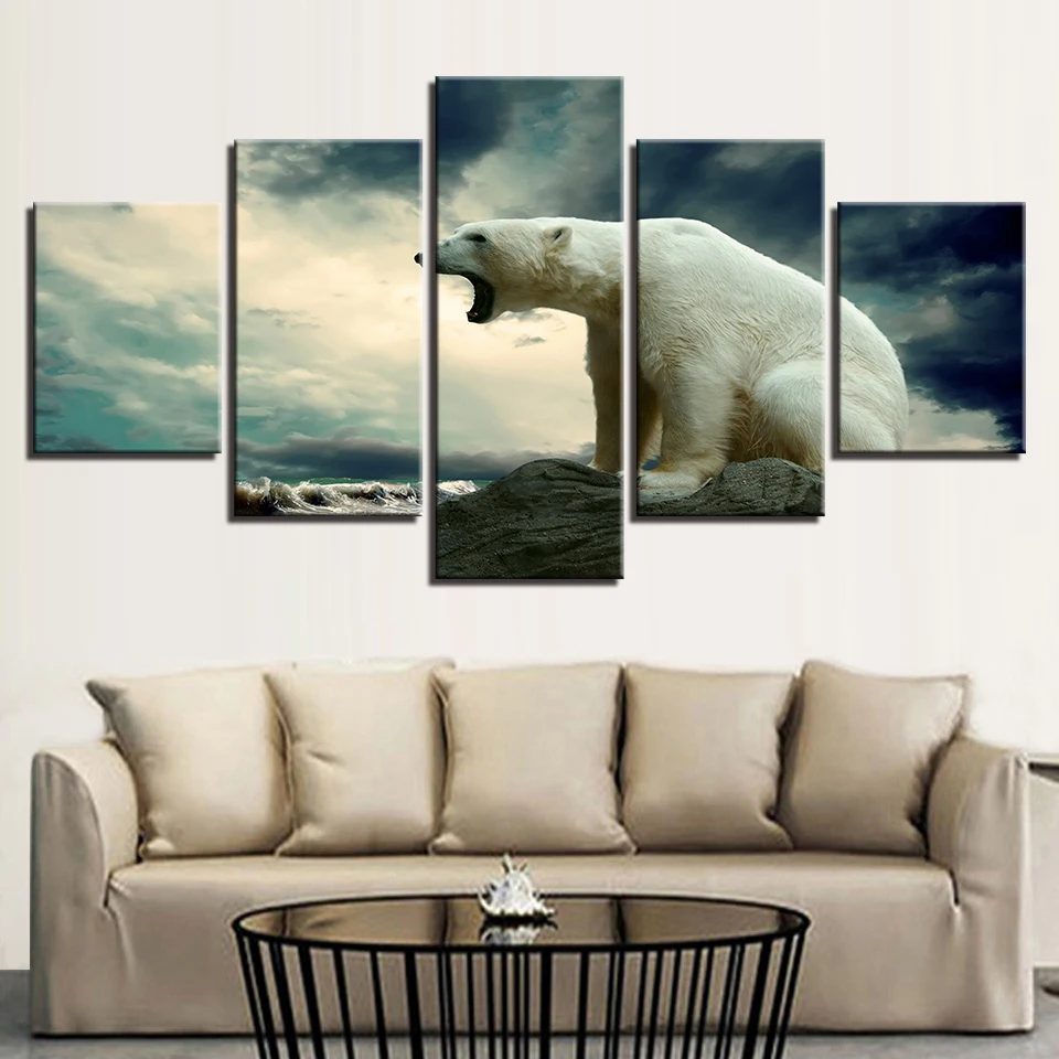 

Decor Home Printed Canvas Oil Painting Wall Art 5 Panel Roaring Polar Bear Poster Wall Pictures For Living Room Modular Pictures