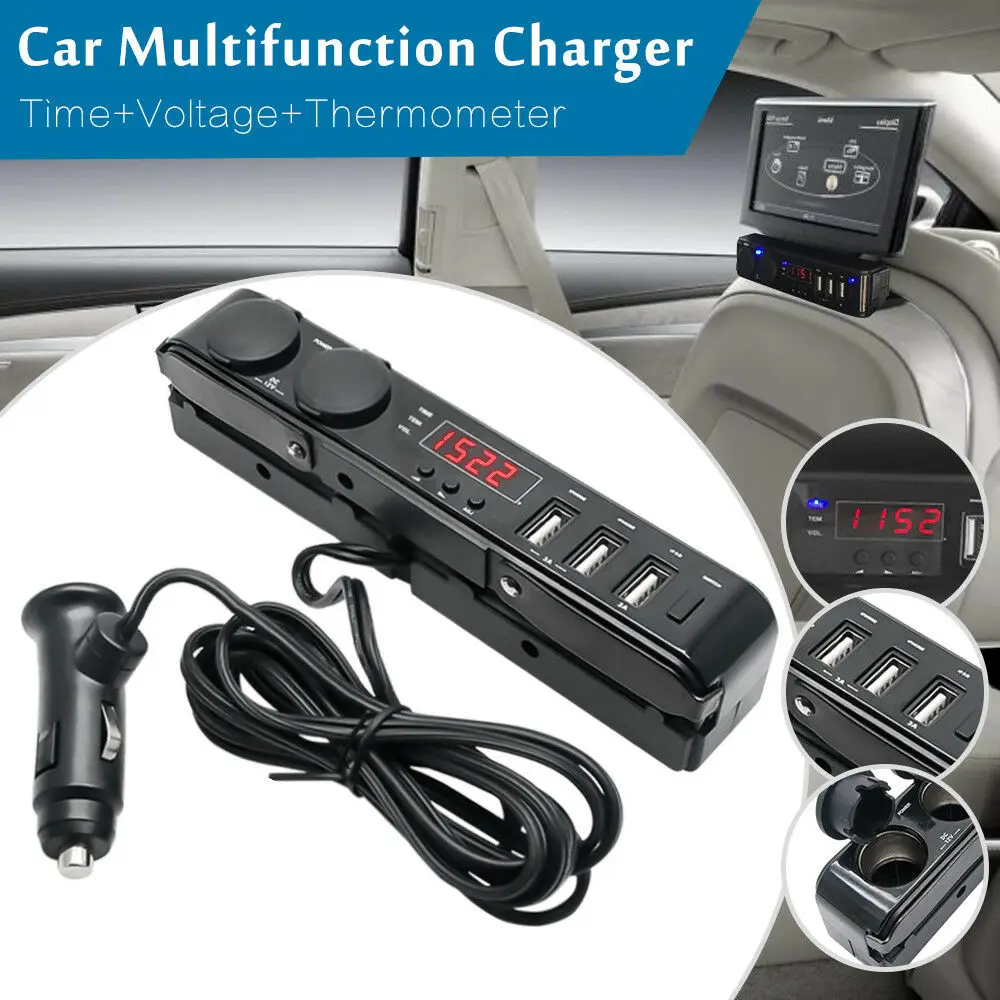

Multi Socket Car Cigarette Lighter LED USB Charger Adapter Thermometer Voltmeter