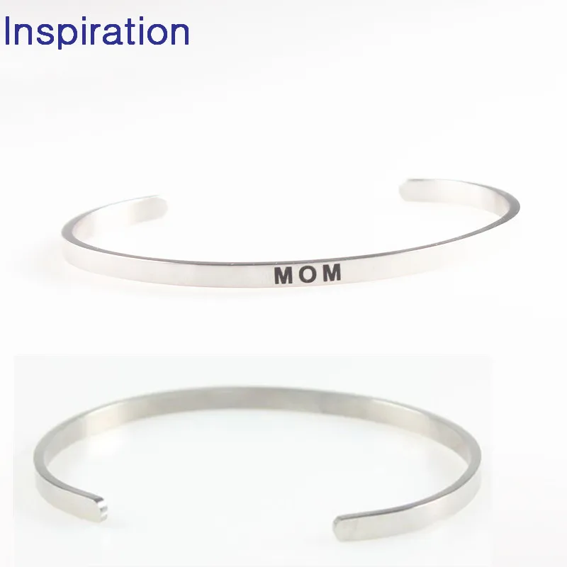 

Stainless Steel Engraved Bangle Mom Positive Inspirational Quote Handmade Open Cuff Mantra Bracelet Mother's Day Gift