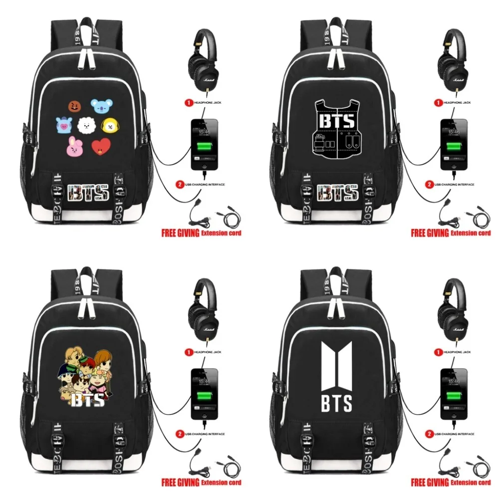 

BTS BT21 TATA SHOOKY Laptop Backpack External USB Charge Bag Headset port Backpack Shoulder School Bags