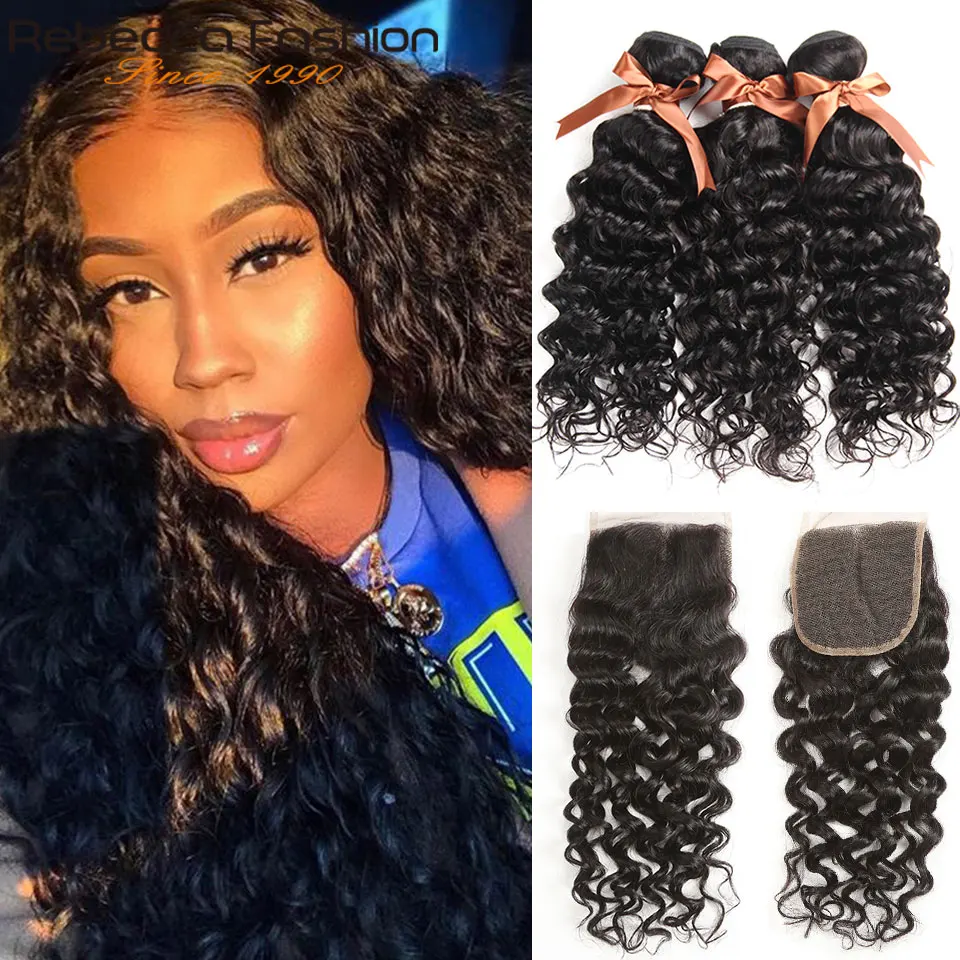 

Rebecca Water Wave Bundles With Closure Peruvian 100% Human Hair Weave 3/4 Bundles With Closure Non Remy Hair 10 To 28 30 Inch