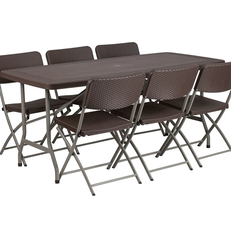 

Flash Furniture 32.5''W x 67.5''L Brown Rattan Plastic Folding Table Set with 6 Chairs