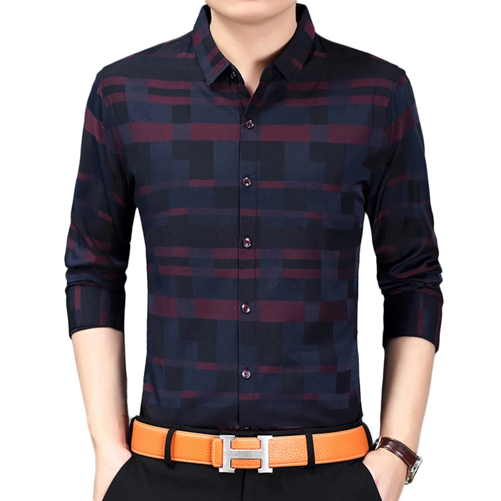 Men Spring Autumn Casual Business Plaid Print Long Sleeve Button Down