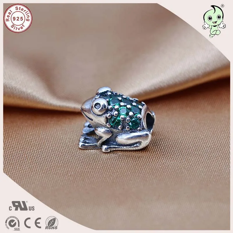 

Popular Good Quality Animal Design 925 Sterling Silver Green Stone Paving Frog Shape Charm Fitting European Famous Bracelet