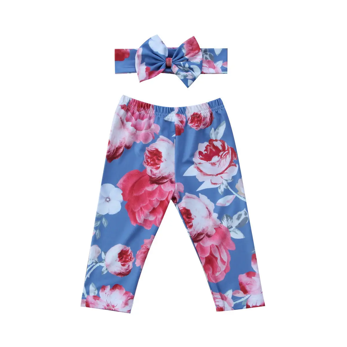 Милые леггинсы с цветочным принтом для новорожденных девочек длинные штаны+ повязка на голову, комплект одежды для детей от 0 до 24 месяцев - Цвет: Синий