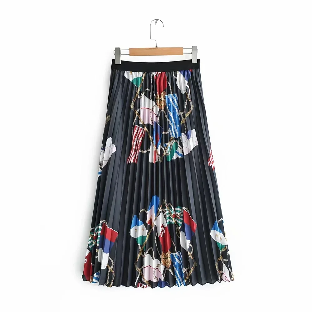 

Obrix Spring Summer Light Female Casual Style Skirt Ruffles Cartoon Pattern Mid Elastic Waist Mid Calf Length Streetwear Skirt