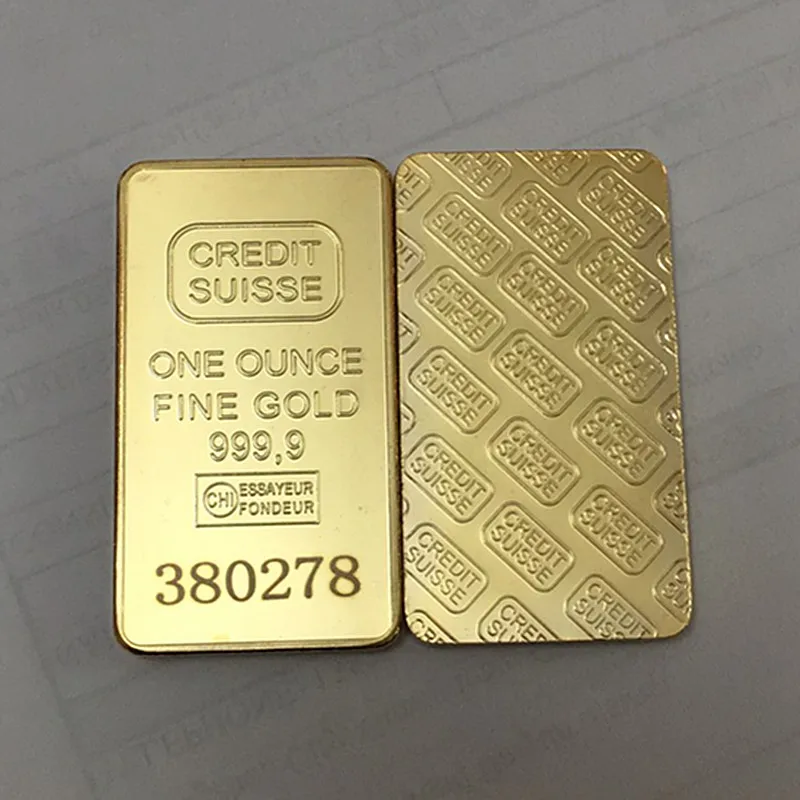 

10 Pcs Non magnetic Credit Suisse bar 1 OZ 24K real gold plated badge 50 x 28 mm with different serial number souvenir coin