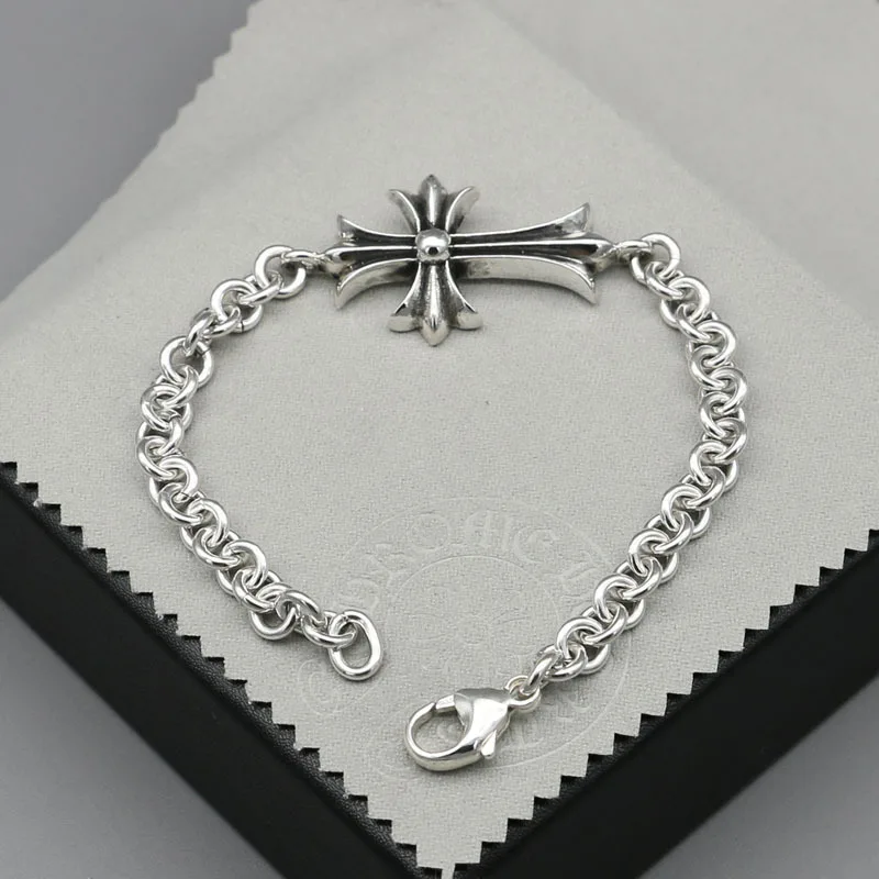 

S925 Sterling Silver Personality Cross Bracelet Female Retro Fashion Students Bracelet Male Thai Silver Jewelry