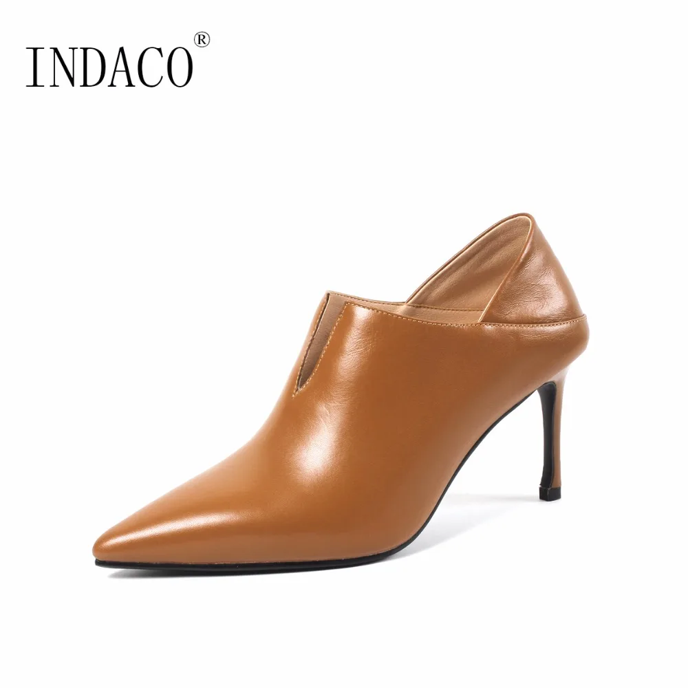 

Women Boots High Heel Ankle Boots Black Brown Genuine Leather Pointed Toe 8cm