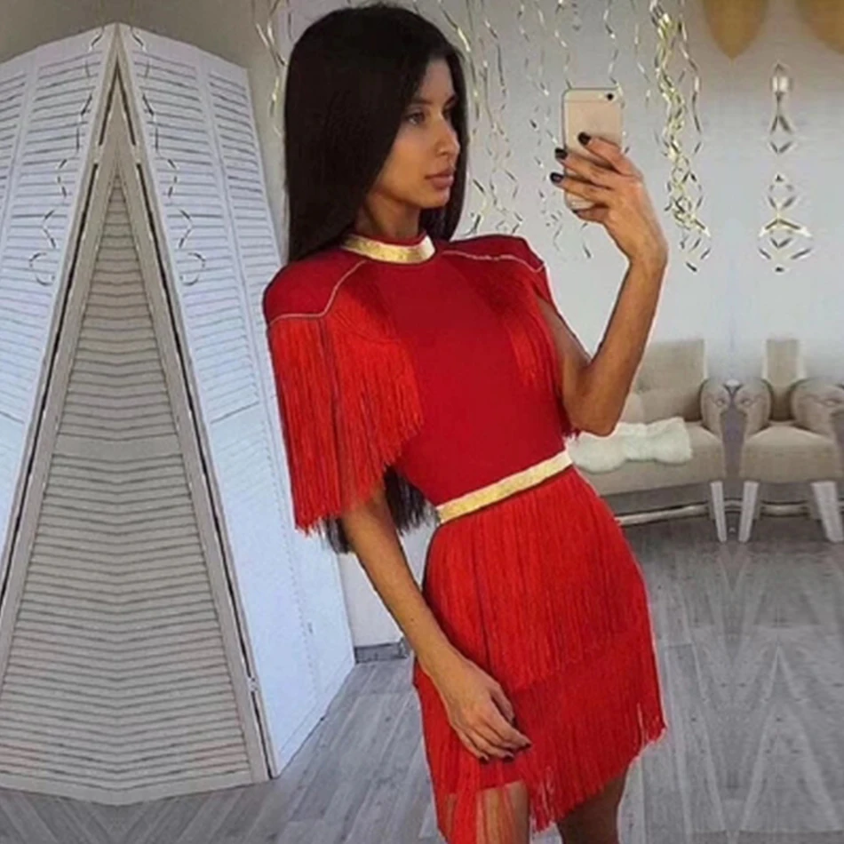 Adyce 2019 New Summer Women Celebrity Evening Runway Party Dress Sexy Red White Fringe Tassels Short Sleeve Club Dress Vestidos