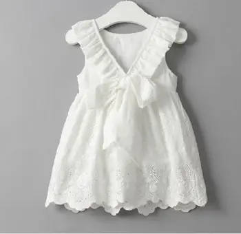 

2018 summer girls V backless cotton delicate hollow lace bow pure white dress