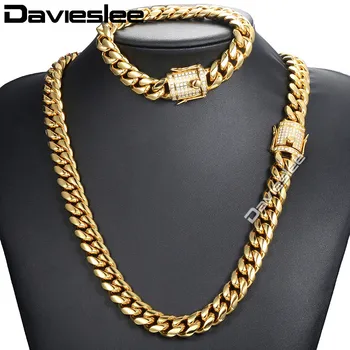 

Davieslee Miami Curb Womens Mens Jewelry Set Iced Out Cubic Zirconia CZ 316L Stainless Steel Gold Silver Color 12/14mm DHSM03