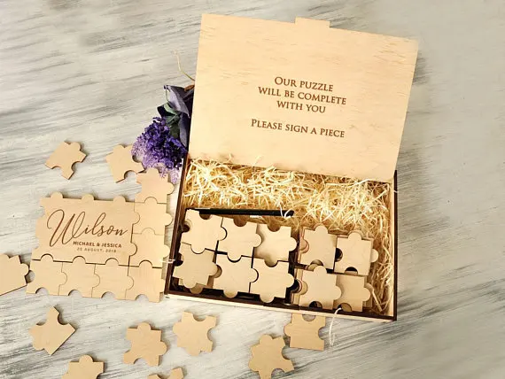 personalize rustic wood jigsaw puzzles wedding guest books Alternative signature guestbooks with sign board party photo props