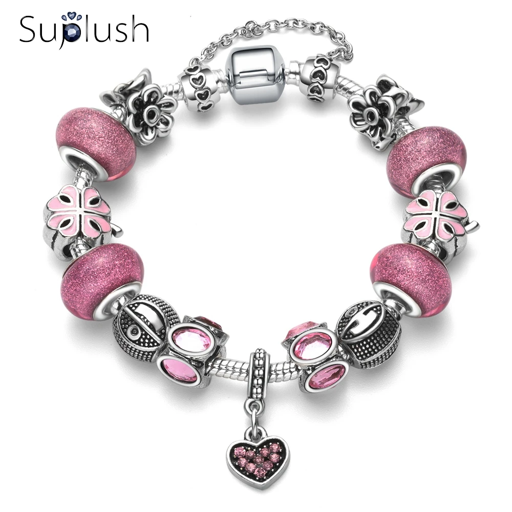Suplush новый шарм браслет и с розовыми бусинами браслеты Pulsera ювелирное изделие