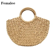 

FEMALEE Women's Moon Straw Hand Bag Large Tote Bag Bohemia Lined Bucket Summer Bags Women Beach Rattan Bag Braided Bolsa Femina