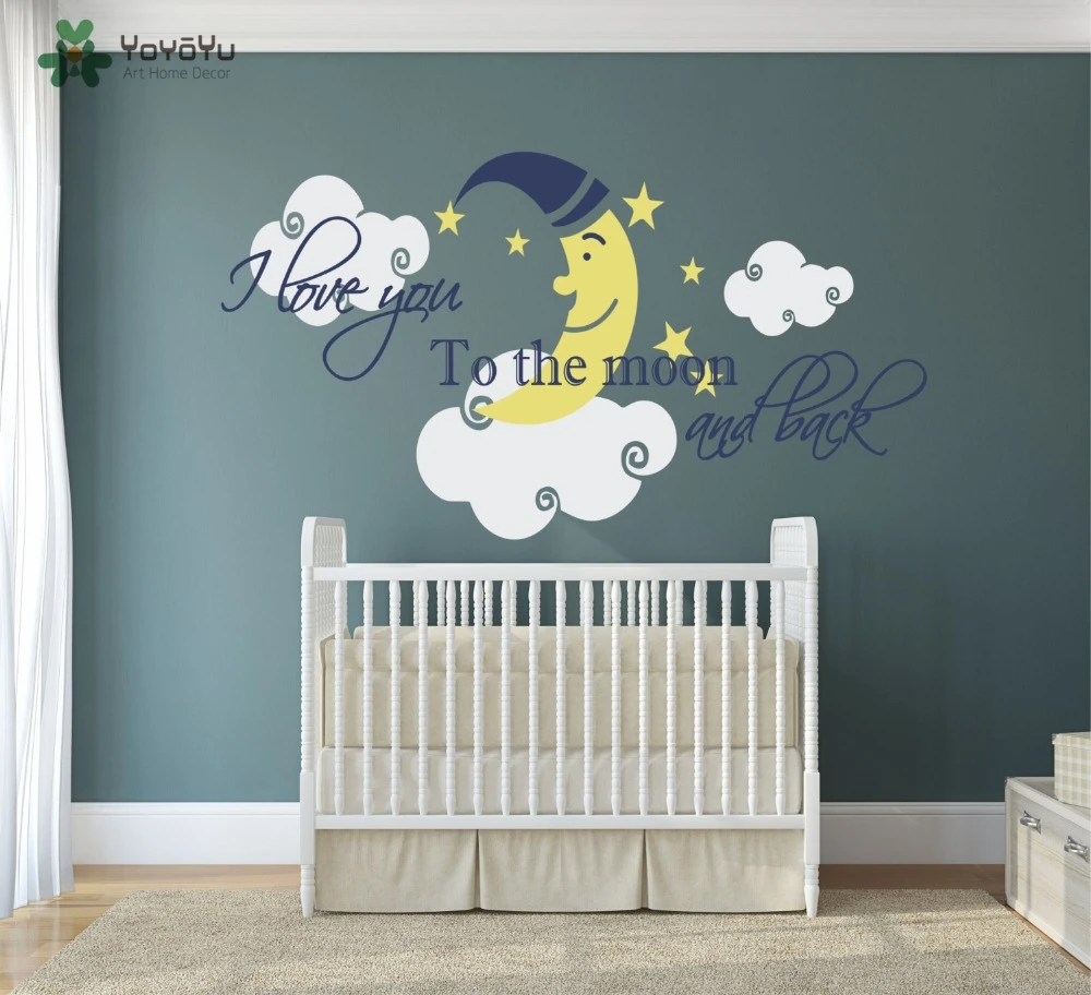 Autocollant Mural Vinyle Autocollant Lune Etoiles Nuages Avec Citation Je T Aime A La Lune Et Retour Pour Enfant Garcon Fille Chambre Decoration Ww 432 Aliexpress