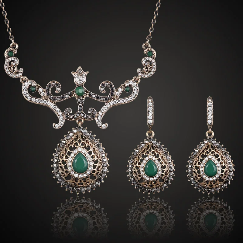 

Zlxgirl jewelry Green Crystal wedding necklace earring bridal jewelry sets women's party vintage necklace sets turkish jewelry
