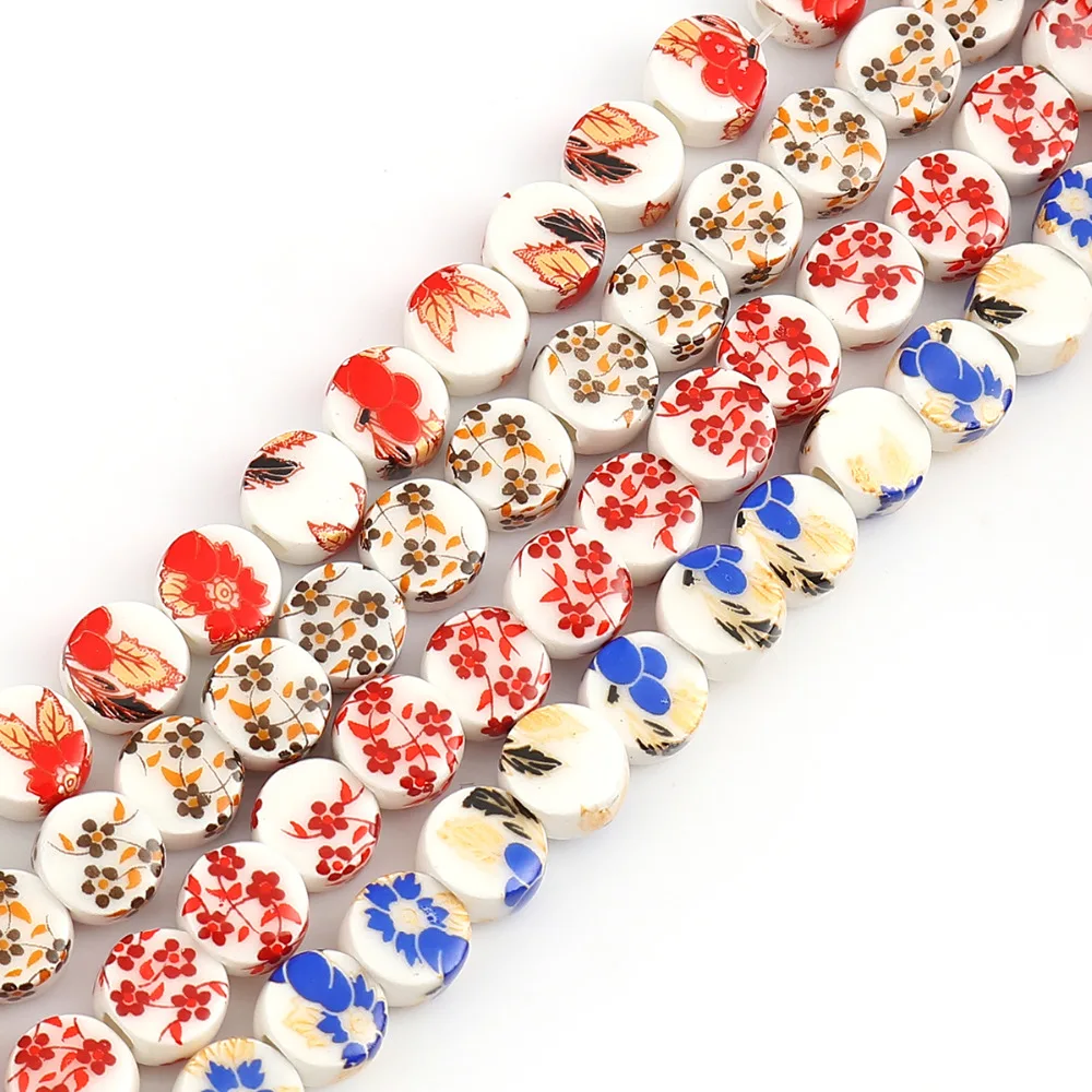 

Doreen Box Ceramic Beads Flat Round Flower About Jewelry 9mm( 3/8") Dia, 28.5cm(11 2/8") long, 1 Strand (Approx 36 PCs/Strand)