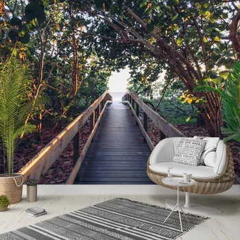 

Else Jungle Green Trees Wooden Bridge Floral 3d Photo Cleanable Fabric Mural Home Decor living Room Bedroom Background Wallpaper