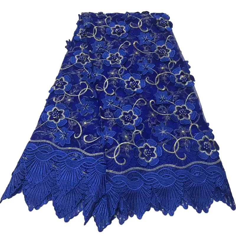

Blue beaded appliqued lace fabric high quality Latest african lace 2018 noble Handmade 3D lace fabric for Nigerian party HJ855-1